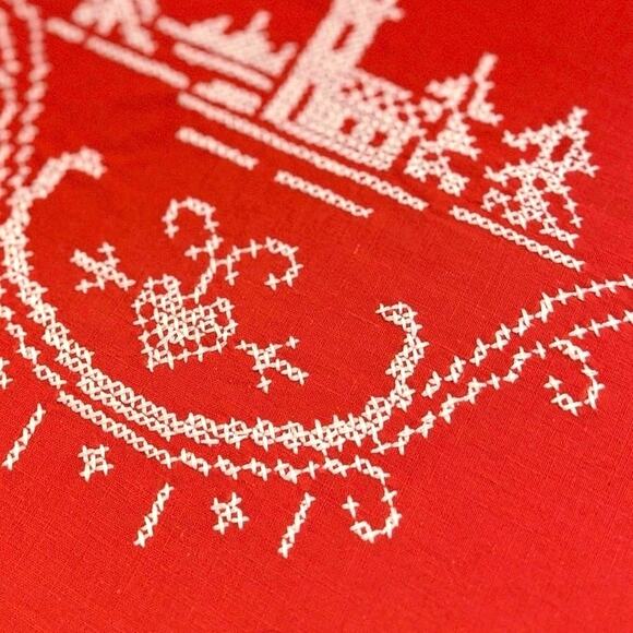 Vintage Red Christmas Tablecloth Scandinavian Folk Embroidery 37x35 - Picture 6 of 7